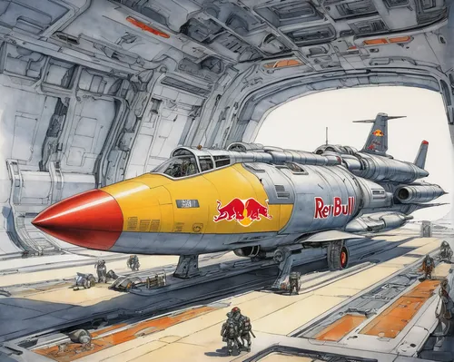 In a futuristic sci-fi spaceship, describe a high-tech Red Bull cooler that fuels the crew during their missions.,republic f-105 thunderchief,mcdonnell f-101 voodoo,douglas a-4 skyhawk,vought f-8 crus