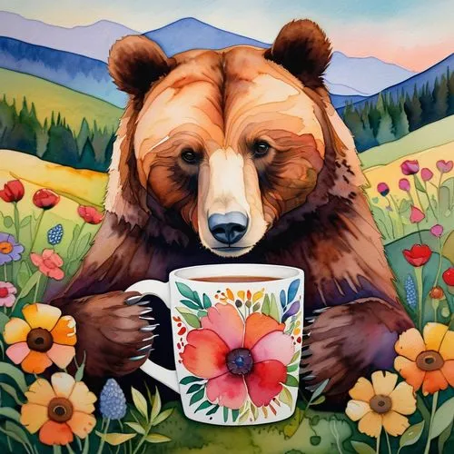 coffee tea illustration,brown bear,bear kamchatka,flower painting,scandia bear,dandelion coffee,cute bear,tea drinking,drinking coffee,kodiak bear,spectacled bear,flower animal,coffee mug,coffee cup,bear,brown bears,floral greeting card,whimsical animals,a cup of coffee,cup of coffee,Art,Artistic Painting,Artistic Painting 45