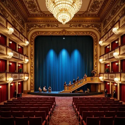 Luxurious opera house interior, sapphire blue velvet curtains, golden ornate details, crystal chandeliers, grand staircase, lavish balconies, richly patterned carpets, opulent red velvet seats, dramat