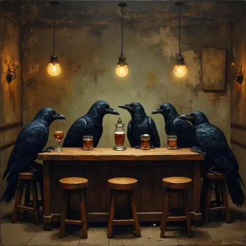 nighthawks,cantina,banksy,drinking party,blackbirds,jackdaws,Illustration,Realistic Fantasy,Realistic Fantasy 33