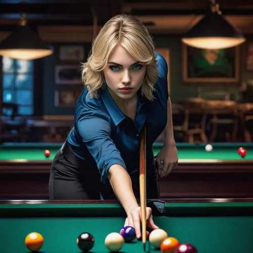 pool player,billiards,billiard,nine-ball,english billiards,pocket billiards,bar billiards,blackball (pool),billiard ball,billiard table,billiard room,snooker,straight pool,carom billiards,pool,eight-ball,blonde woman,pool ball,poker set,femme fatale,Illustration,Realistic Fantasy,Realistic Fantasy 25