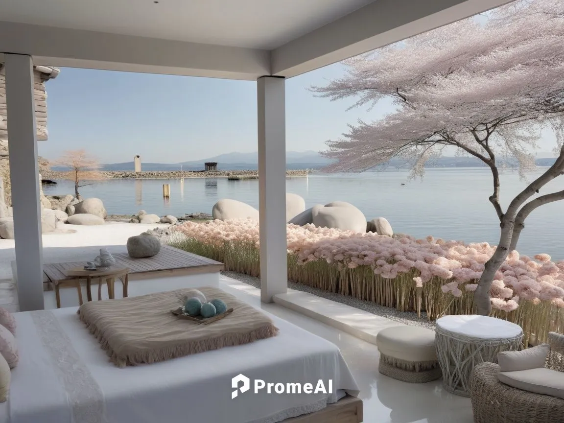 there is a very large patio with tables and chairs next to it,beachfront,amanresorts,oceanfront,holiday villa,lefay,summer house,Illustration,Realistic Fantasy,Realistic Fantasy 02