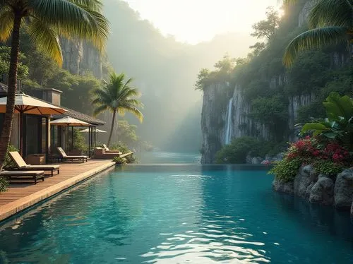 Luxurious swimming pool, integration with natural landscape, tropical plants, palm trees, colorful flowers, waterfalls, rocky formations, wooden decking, lounge chairs, umbrellas, infinity edge blendi