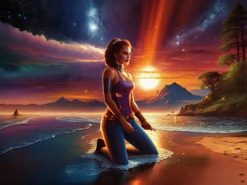 a woman kneeling in the ocean during a sunset,fantasy picture,fantasy art,sci fiction illustration,inanna,kahlan,world digital painting,Illustration,Realistic Fantasy,Realistic Fantasy 25