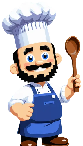 cartoon chef, male, happy smile, white hat, blue apron, colorful utensils, kitchen tools, wooden spoon, frying pan, sizzling food, shiny eyes, bushy eyebrows, mustache, round face, chubby cheeks, stan