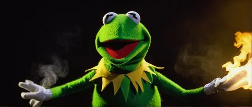 Kermit, Muppet character, green skin, big round eyes, screaming face, open mouth, sharp teeth, yellow shirt, collar, white gloves, standing, dramatic lighting, spotlight, smoke effect, dark background