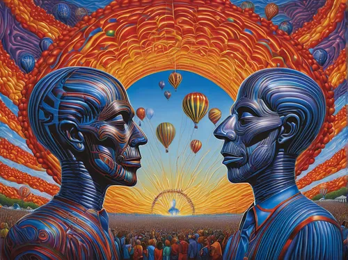 psychedelic art,binary system,consciousness,connectedness,trip computer,polarity,heads,two people,parallel worlds,open mind,duality,surrealism,exchange of ideas,global oneness,gemini,meridians,random access memory,new age,equilibrium,self unity,Illustration,Abstract Fantasy,Abstract Fantasy 21