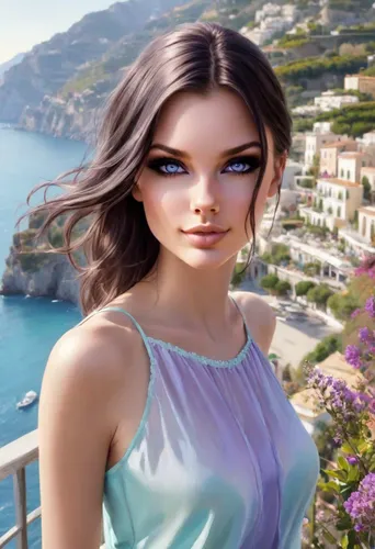 capri,monte carlo,monaco,portofino,positano,artificial hair integrations,natural cosmetic,taormina,scilla,la violetta,hallia venezia,romantic look,marina,oia,athene brama,background images,female model,world digital painting,mediterranean,corfu