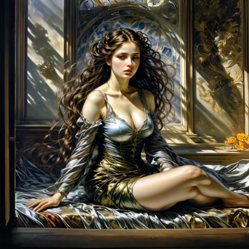 fantasy art,fantasy portrait,emile vernon,painted lady,meticulous painting,fantasy picture,italian painter,art painting,fantasy woman,glass painting,romantic portrait,art deco woman,woman sitting,cleopatra,the enchantress,oil painting,gilding,celtic harp,decorative figure,victorian lady