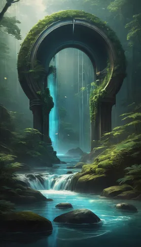 fantasy landscape,green waterfall,portals,futuristic landscape,stargate,crescent spring,fantasy picture,dragon bridge,myst,heaven gate,archway,the mystical path,devil's bridge,waterfall,wasserfall,gateway,fantasy art,3d fantasy,world digital painting,water fall,Conceptual Art,Fantasy,Fantasy 11