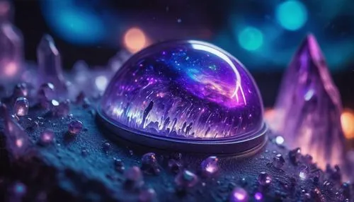 Highly detailed illustration of a hidden world inside planet earth made of crystal, continents on surface, atmosphere, galaxies in the background, holographic shimmer, whimsical lighting, enchanted am