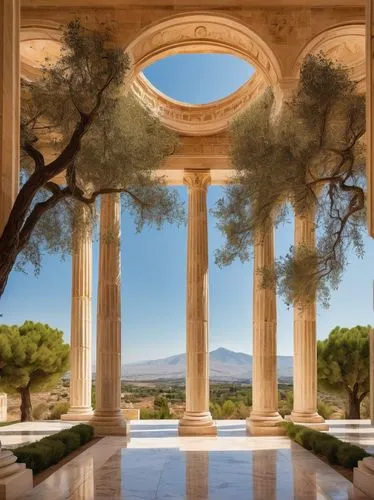 masseria,peristyle,crillon,doric columns,greek temple,three pillars,marble palace,zappeion,panathenaic,temple of diana,pillars,caesonia,orangerie,archly,gennadius,jardiniere,pergola,neoclassicism,palladian,neoclassical,Illustration,Paper based,Paper Based 19