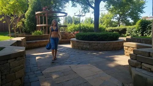 a woman in blue is walking through an enclosed patio,yountville,wineries,silverwood,grayhawk,winery,indian canyon golf resort,Photography,General,Realistic