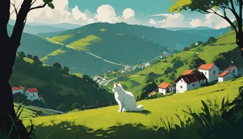 a small town, surrounded by green hills and tall trees, white cat named Felício,moomins,moomin,moomin world,travel poster,alpine pastures,moomintroll,mountain village,hills,ghibli,hillside,mountain sc