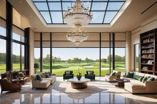 Golf course, modern architecture, luxurious clubhouse, grand entrance, marble floor, high ceiling, chandelier, bookshelves, leather sofas, golf books, coffee table, large windows, green grass, sunny d