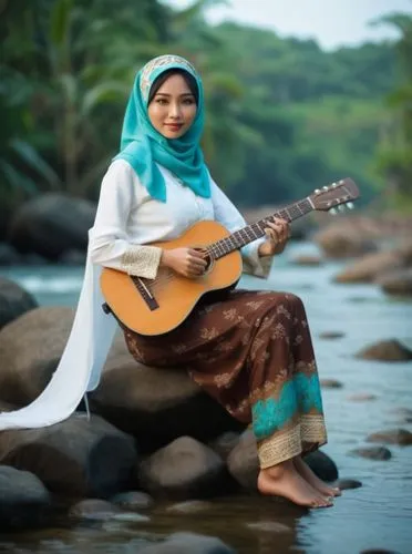 a beautiful Indonesian woman wearing a brown batik sarong and a white kebaya with a turquoise hijab, sitting on the edge of a river while playing the guitar,a  with a guitar is sitting by the river,nu