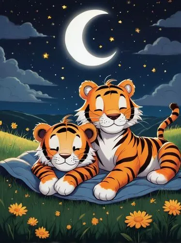 tigers,tigerle,cute cartoon image,children's background,good night,two cats,tigger,tiger,felines,cute animals,kittens,romantic night,cuddly toys,a tiger,cat lovers,felidae,sun and moon,bedtime,night scene,two friends,Illustration,Paper based,Paper Based 02