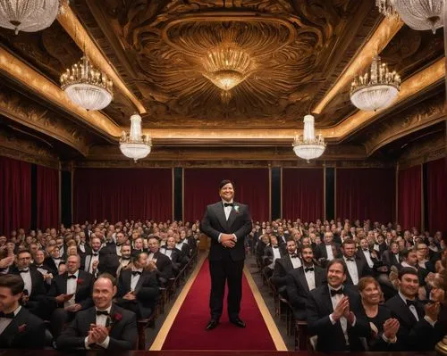 Pritzker Architecture Prize, award ceremony, grand auditorium, luxurious chandeliers, elegant wooden podium, prestigious trophy, renowned architect, formal wear, bow tie, confident smile, proud pose, 