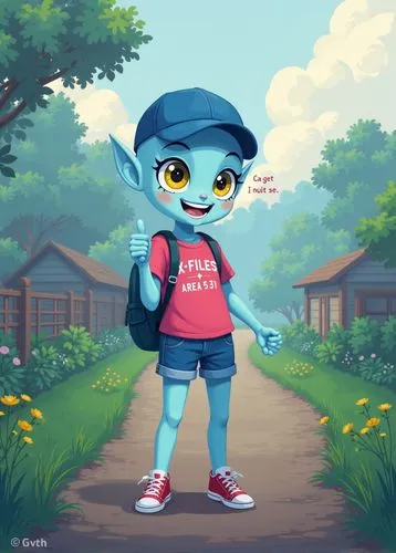 a cute alien, bald, yellow eyes, blue skin, wearing a blue cap, pink shirt, denim shorts, red sneakers, white backpack, excited smile, thumbs up gesture, hitchhiking on a road, (on the shirt it says “