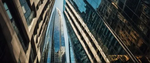 Urban skyscraper, modern architecture, sleek lines, glass and steel materials, reflective windows, intricate details, cityscape backdrop, busy streets, cars and buses moving, pedestrians walking, blur