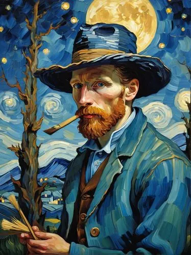 Vibrant AI Van Gogh, standing in front of a cypress tree, wearing a straw hat, blue painter's shirt, brown waistcoat, holding a palette and brush, surrounded by swirling clouds, starry night sky, full