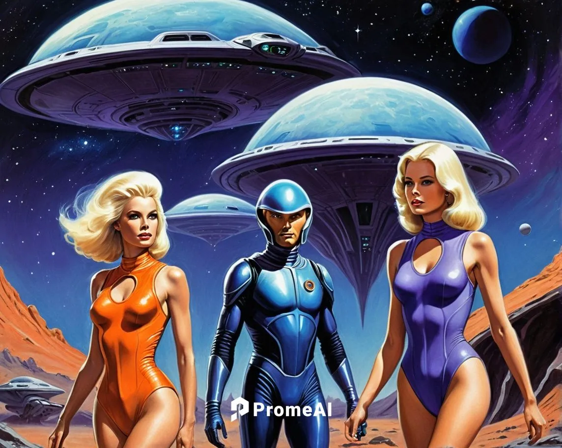 Two Pleiadian, a woman and a man, getting off their landed round spaceship. Both are beautiful, captivating, peaciful, perfect face, long straight white blonde hair, purple eyes. Both wears a sci-fi b