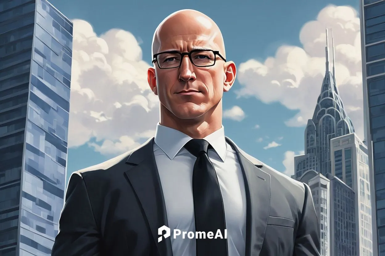 Lex Luthor, Jeff Bezos, businessman, suit, white shirt, black tie, glasses, bald head, evil smile, standing, confident pose, cityscape, skyscraper, metropolitan, cloudy day, dramatic lighting, low-ang