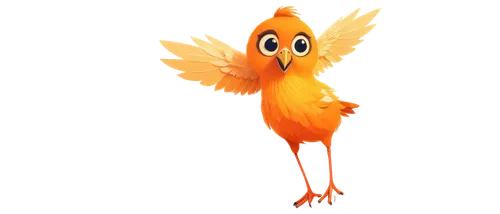 Cartoon bird, yellow beak, big round eyes, fluffy feathers, orange wings, standing on one leg, tilted head, smiling face, comic expression, colorful plumage, soft shading, exaggerated pose, 3/4 compos