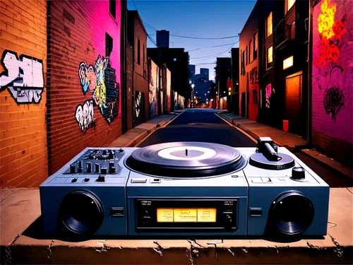 turntablism,retro turntable,boom box,turntablist,boombox,technics,ghetto blaster,street music,retro music,boomboxes,turntable,vinyl player,turntables,dj equipament,disc jockey,disk jockey,turntablists,music system,serato,cartoon video game background,Illustration,Japanese style,Japanese Style 11