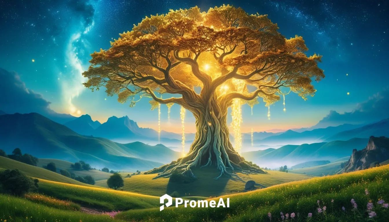 "A colossal, luminous, ethereal and shimmering tree, known as the Pillar Tree, towers over the world of Erlar, dwarfing even the tallest mountains. Its glowing roots and branches extend far and wide, 