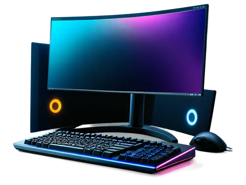 Gaming PC, desktop, sleek design, metallic body, RGB lights, curved monitor, keyboard, mouse, headset, wires organized, tidy workspace, morning light, shallow depth of field, cinematic composition, wa