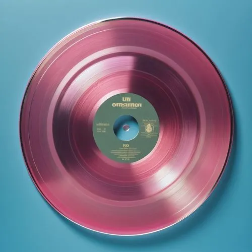 a single pink record with its disc on a blue surface,vinyl record,discs vinyl,front disc,blank vinyl record jacket,rykodisc,masterdisk,Photography,General,Realistic