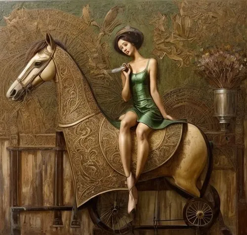 ((woman sitting facing us on a large rough wooden toy horse on iron wheels))++++, ((figurative art))++++++ ((Art Nouveau fresco))++++, (( a sitting woman facing us, in a green dress, legs in striped s