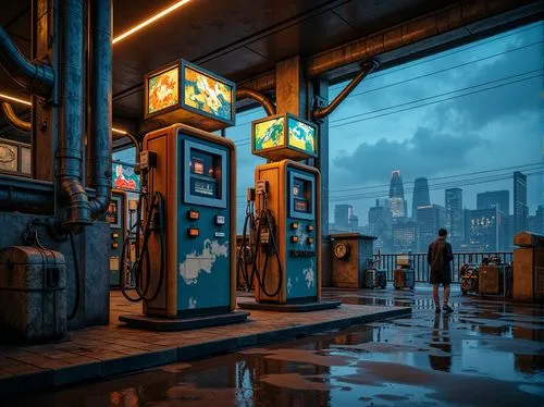 petrol pump,gas station,kowloon city,refineries,refinery,kowloon,gas pump,electric gas station,oil refinery,gas pumps,photorealism,tokyo city,bioshock,e-gas station,taxi stand,bladerunner,harbour city,chemical plant,newsstand,industrial landscape