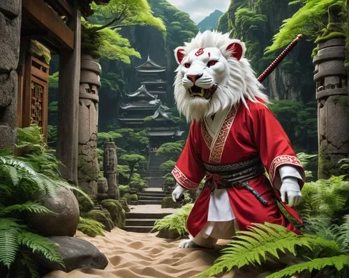 a majestic samurai roams the ancient Japanese enchanted land, surrounded by towering stone walls and towering lions. Its white fur is deep red with white stripes, and its large eyes fixate on a small 