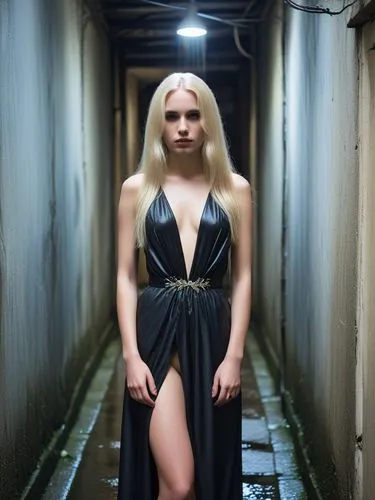 The picture shows a young woman with long, platinum blonde hair standing in a narrow, dark corridor or street. It is raining lightly, creating a gloomy, mysterious atmosphere. The woman is dressed mod