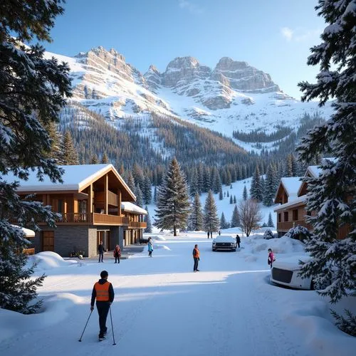 Snow-capped mountains, frosty pine trees, icy slopes, ski lifts, rustic wooden lodges, warm fireplaces, cozy cabins, snowflakes, frozen lakes, winter sports equipment, vibrant orange safety vests, bol