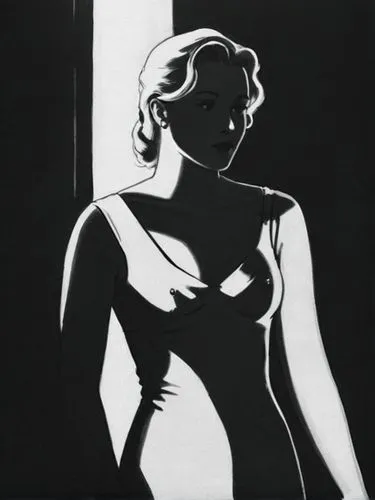 simple drawing of a woman with blonde hair in a dress near a window,a woman wearing lingerie looking out a window,woman silhouette,silhouette art,art silhouette,linocuts,pettibon,toth,Photography,Blac