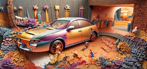 car sculpture,diorama,halloween car,a museum exhibit,3d car wallpaper,cartoon car,old halloween car,lego car,scale model,woody car,matchbox car,artscience museum,volkswagen beetlle,vw model,paper art,3d car model,auto detail,citroën nemo,volvo c30,sand art