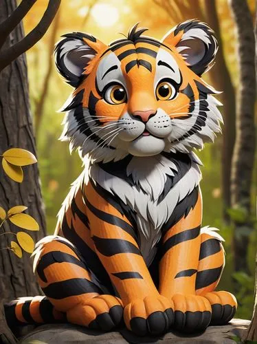 Derpy tiger, cartoonish, cute facial expression, big round eyes, orange and black stripes, fluffy fur, sitting, crossed legs, paw pads visible, whiskers, forest background, trees with vines, bright su