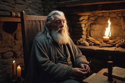 Gandalf, wizard, old man, grey beard, long white hair, wise eyes, smoking, weed, joint, relaxed posture, sitting, wooden chair, medieval room, stone walls, dim lighting, candles, bookshelves, magical 