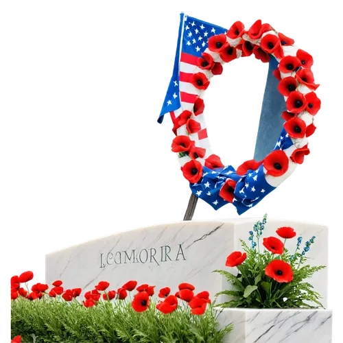 American flag, Memorial Day, solemn atmosphere, wreath, poppy flowers, white marble tombstone, fallen soldier statue, cloudy blue sky, soft focus, cinematic lighting, 3/4 composition, shallow depth of