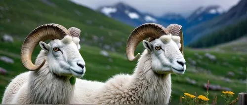 A majestic dall sheep, standing proudly, snow-capped mountains, alpine meadow, lush green grass, colorful wildflowers, serene misty atmosphere, soft warm lighting, close-up of the sheep's fluffy fur, 