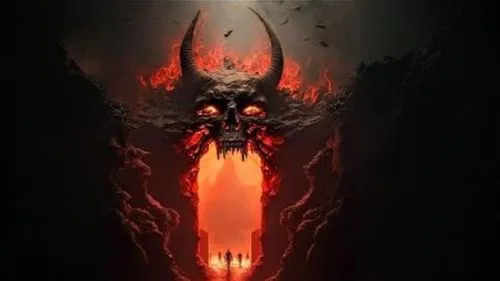 the demonic demon is walking through a red glow and black background,surtur,door to hell,infernal,ifrit,destoroyah,demongeot