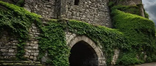 Abutment, stone wall, ancient castle, medieval style, grandiose structure, rugged stones, ivy climbing, moss growing, worn-out carvings, majestic entrance, fortified towers, flags waving, cloudy sky, 