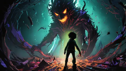 comic, A massive, shadowy figure emerges from the darkness, wreaking havoc. Takuya tries to help a trapped child but is struck by debris.,anime character standing in front of a giant monster,gravemind