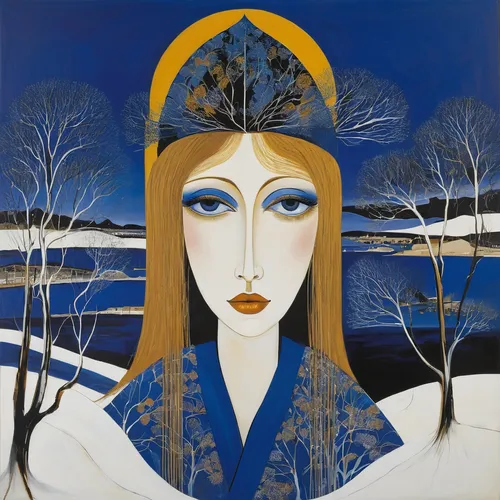 art deco woman,the snow queen,priestess,suit of the snow maiden,carol colman,mary-gold,morbier,headdress,carol m highsmith,mazarine blue,seven sorrows,spring equinox,the angel with the veronica veil,decorative figure,breton,majorelle blue,masque,peking opera,rusalka,portrait of christi,Illustration,Retro,Retro 21