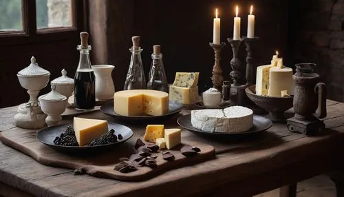 A white table set with bowls of cheese and cottage cheese, white and Eshel cups, yogurts and bottles of chocolate and milk,saint-paulin cheese,cheese plate,blocks of cheese,cheese platter,lancashire c