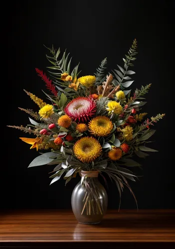 Australian native flower bouquet, yellow Wattle, red Waratah, orange Kangaroo Paw, red Banksia, Red Flowering Gum, yellow Everlasting Lily, Protea, King Protea, green Eucalyptus foliage, black vase, b