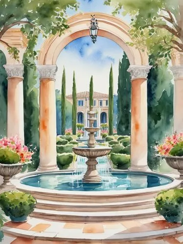 villa d'este,garden of the fountain,watercolor background,villa balbianello,decorative fountains,fountain,water palace,giardino,gardens,pergola,highgrove,rose garden,fountains,fountain pond,rosecliff,rosarium,rose arch,palladianism,august fountain,kykuit,Illustration,Paper based,Paper Based 25